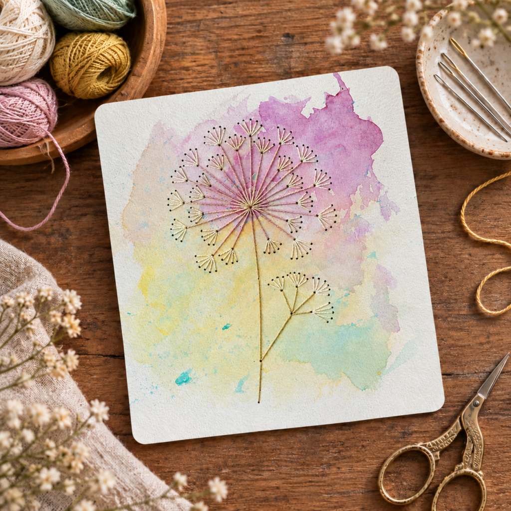 Applied art: Painted with thread — watercolor and embroidery on paper
