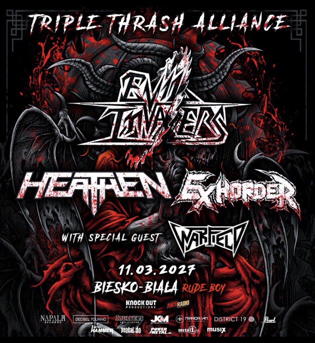 EVIL INVADERS (Belgia), EXHORDER (USA), HEATHEN (USA) + Warfield (GER)