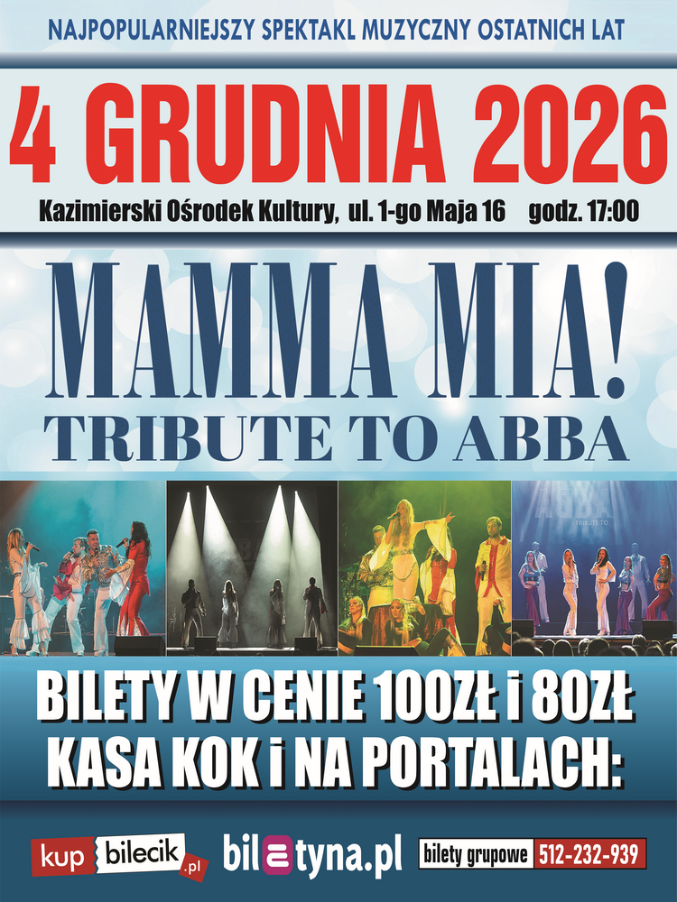 Zaproszenie na muzyczne widowisko pt. „Mamma Mia! Tribute to Abba” - w hołdzie zespołowi ABBA w wykonaniu artystów Teatru Variete Muza z Koszalina.